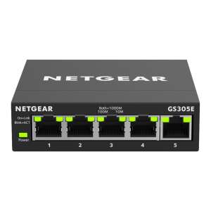 Przełącznik Netgear GS305E 5-portowy Gigabit Smart Managed Plus, widok z przodu, pokazujący porty i diody LED - Przełącznik