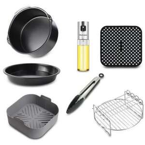 Sütő kiegészítő szett, 7 részes szett forrólevegős fritőzhöz, tartalmaz pizzaformát, tortaformát, szilikonformát, szilikonbetétet, grillrácsot, olajspray-t és konyhai fogót - Forrólevegős sütő kiegészítő