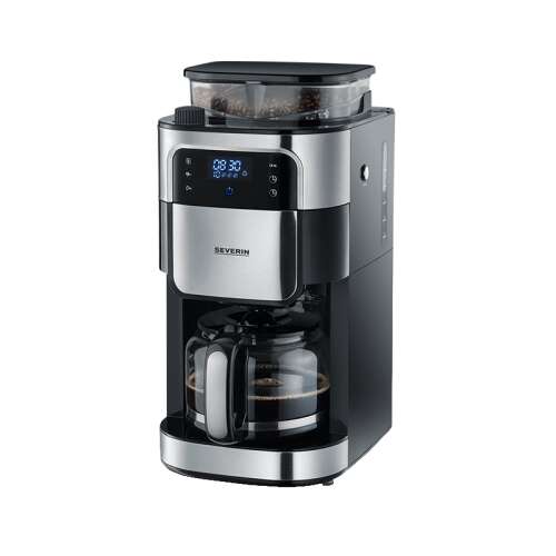 Severin coffee maker with built-in grinder, 1.25 liter capacity, compatible with beans and ground coffee, 200g grinding capacity, adjustable grind, 3 aroma settings, graduated glass carafe, timer, touch screen