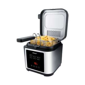 Steba DF 150 digital deep fryer with open lid, showing french fries inside the basket - Steba