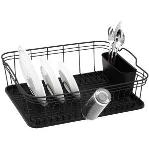 Kinghoff Schwarzer Geschirrständer mit Besteckhalter und Tellerfächern - Abtropfgestell