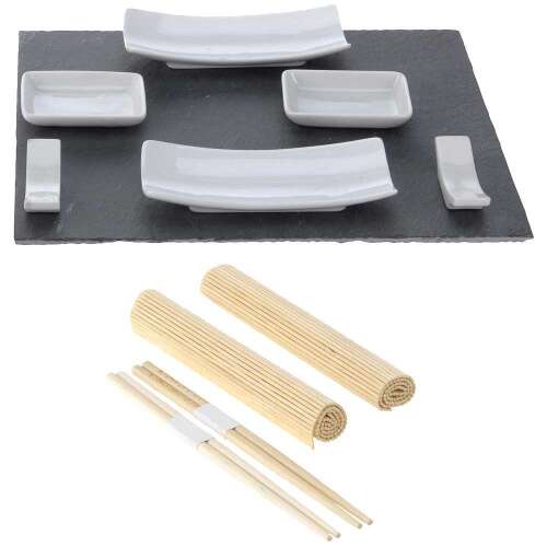 Sushi serving set for 2 people, includes plates, chopsticks, soy sauce dishes, and a serving tray