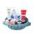Rotating corner shelf with toiletries, blue, for bathroom or kitchen