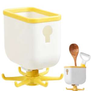 Rotating kitchen utensil holder with hooks and storage compartment, yellow and white - Kitchen storage rack
