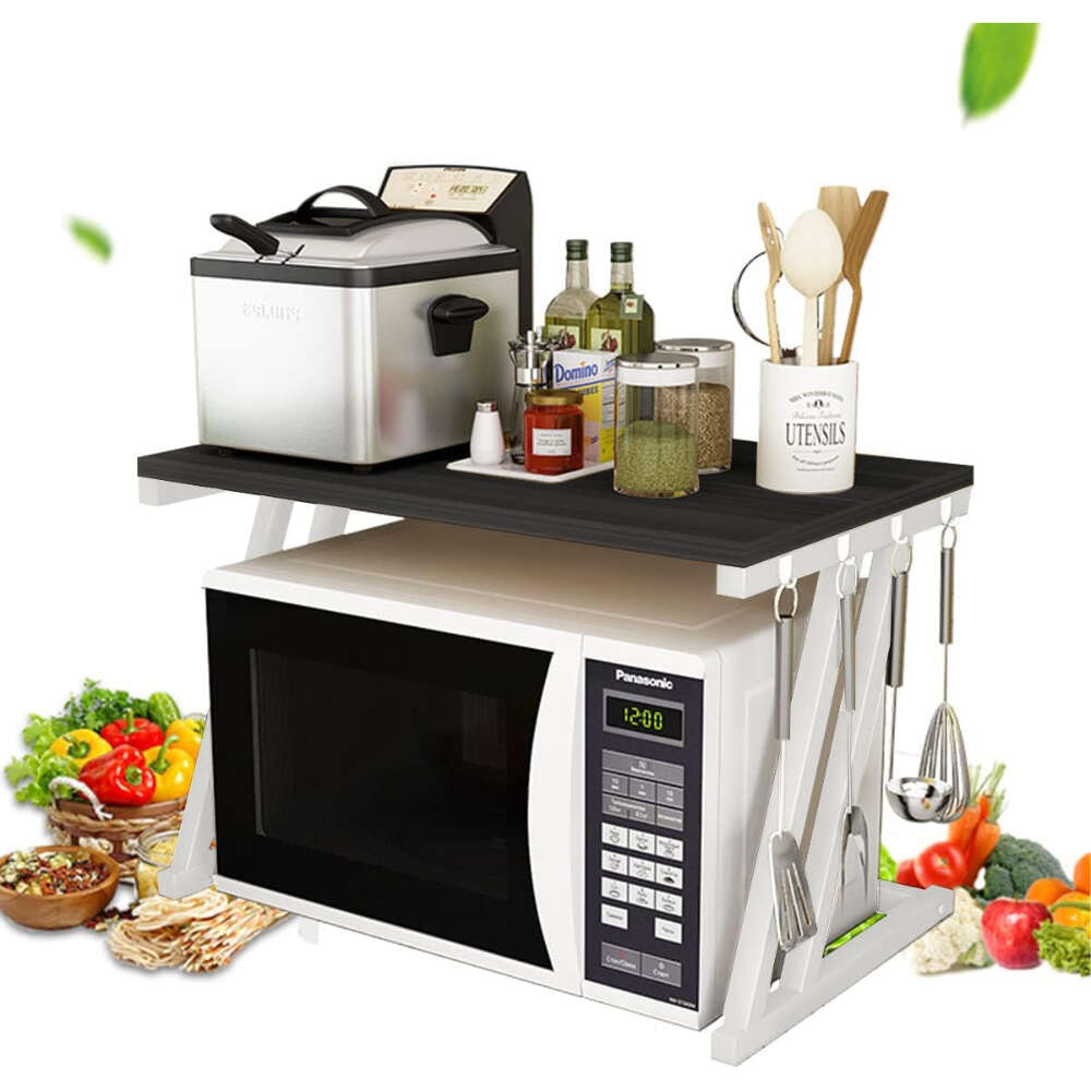 Mikrohullámú sütő állvány Quasar & Co.® konyhai 6 akasztós fa polcok fém vázzal Z-Micro modell 57x38x38 cm, Fehér-Fekete