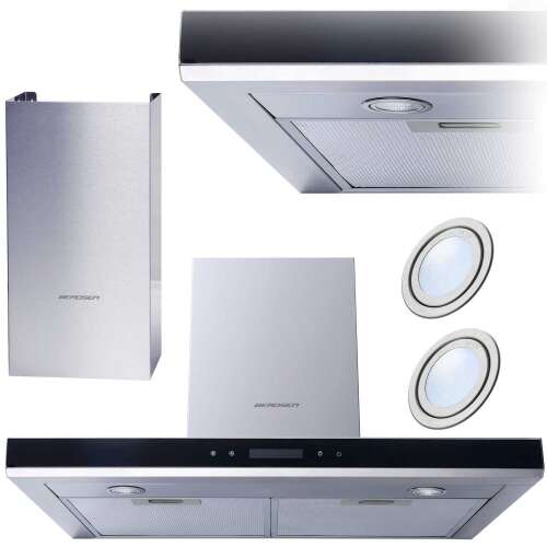 Berden BE-60A-T2 60 cm-es kéményes páraelszívó LED világítással, rozsdamentes acél és üveg, 335 m3/h