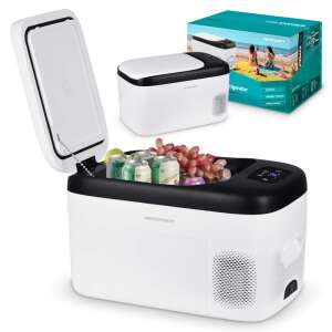 Icemax 401 Berdsen portable car refrigerator, 21 liters, white, open with drinks and grapes inside - Cooler, Ice Pack