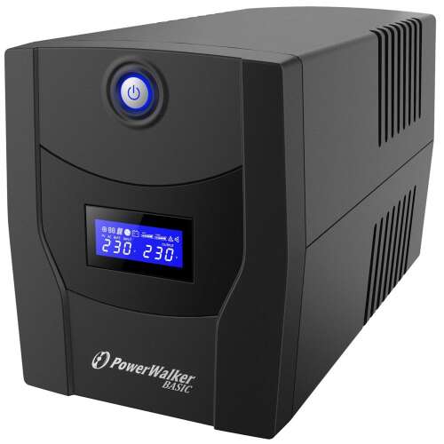 PowerWalker VI 1500 STL UPS mit blauem Netzschalter und LCD-Display, das die Spannung anzeigt