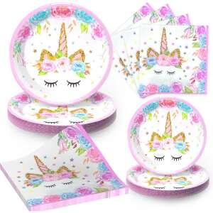 Unicorn party supplies set, includes plates, cups, napkins, cutlery, and tablecloth - Party Tableware