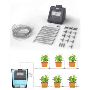 RainPoint® IK10P automatic plant watering system with micro drip emitters, tubing, and a timer, showing how to set up the system with a water reservoir and multiple plants - Irrigation