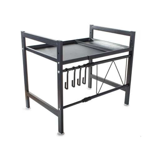 Fekete fém mikrohullámú sütő állvány állítható szélességgel, 4 kampóval konyhai eszközökhöz, mikrohullámú sütő nem tartozék