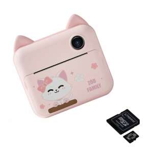 Pink kids camera with cat design, THD Pixels P1 Wifi, 12MP, thermal printer, 32GB memory card - Video Camera