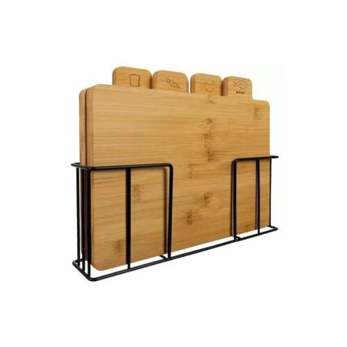 Bambusz vágó-szeletelődeszka készlet 4 db-os, állvánnyal, piktogram jelölésekkel vágódeszka készlet állvánnyal