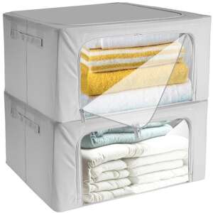 Két szürke vászon tároló doboz egymásra rakva, törölközőkkel megtöltve - Gardrób rendszerező