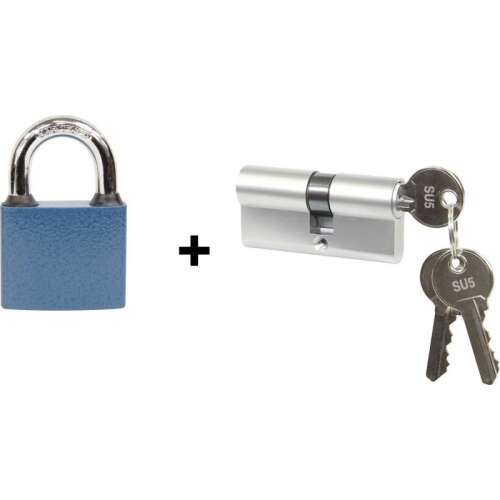 EURO lakat és zárbetét szett kulcsokkal, kék lakat, ezüst zárbetét, 6 darab, 10 darab