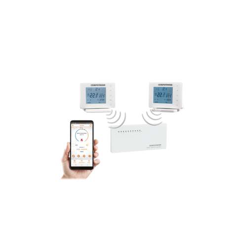 Computherm E800RF Wi-Fi termosztát rendszer, két termosztáttal és egy vevőegységgel, valamint egy okostelefonnal, amelyen az alkalmazás felülete látható