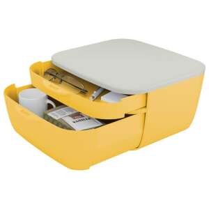 LEITZ Cosy 2-drawer plastic storage box, yellow, with open drawers showing office supplies - Desktop Organizer