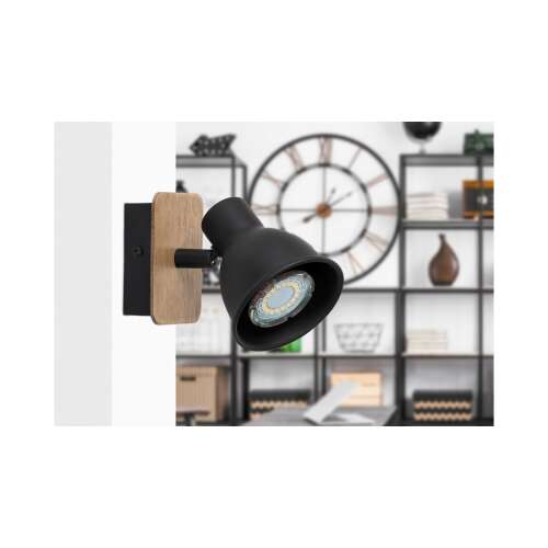 Rábalux Mac fekete fali spotlámpa fa betéttel, ipari stílusban, nappaliba vagy hálószobába