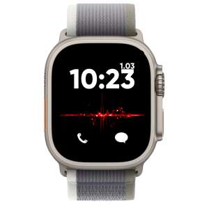 Okosóra szürke szíjjal és AMOLED kijelzővel, amely az időt mutatja - Okos eszköz