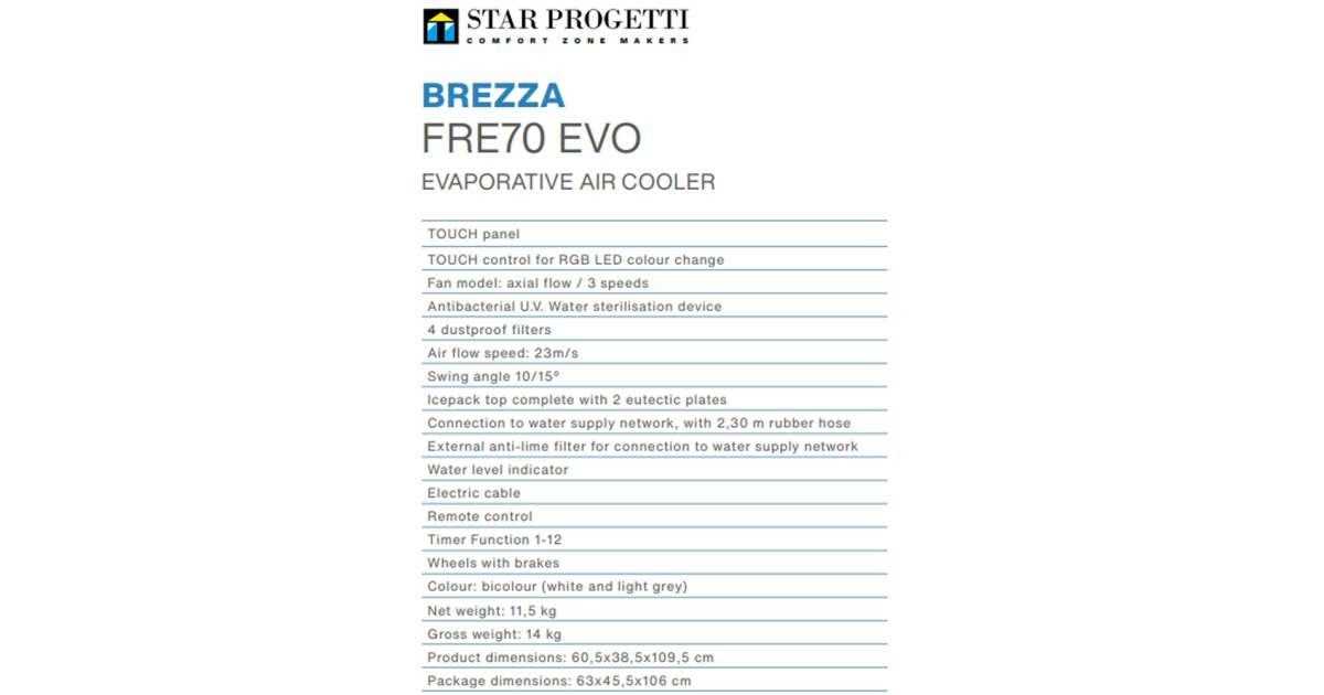Außenklimaanlage/Kühler/für Terrasse/Industrieräume/Lager/offene oder halboffene Räume/Schwimmbad/Strand, Durchflussrate 7000 m3/h, UV-Filter, antibakterielles Gerät, mobil, 60,5x38,5x109,5 cm, Brezza FRE70 EVO, Weiß, Italien 101296606