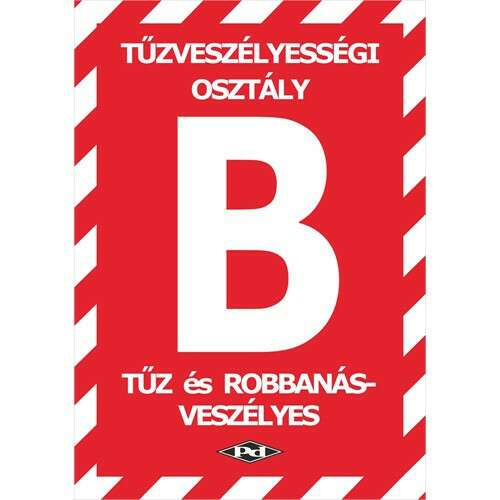 Tűzveszélyességi osztály B tábla, piros színű, fehér B betűvel, gyúlékony folyadékok, figyelmeztető tábla