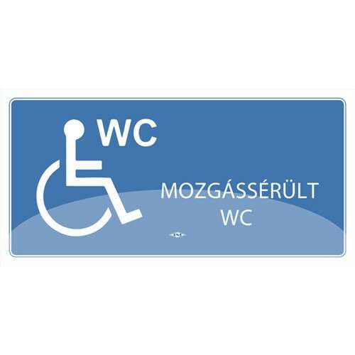 Kék mozgássérült WC tábla, kerekesszék szimbólummal és 'WC Mozgássérült WC' felirattal