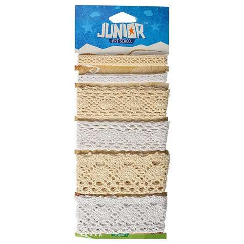 Junior Art School Kreatív Junior csipkeszegély, 50 cm hosszú, 6 féle minta, bézs és fehér színben, 6 darab/bliszter