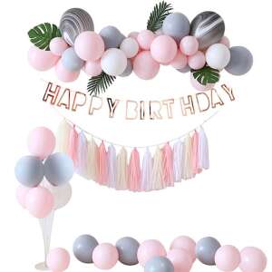Pink and grey birthday balloon arch kit with happy birthday banner, tassels, and leaves - Party Decoration
