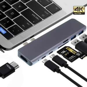 Macbook Pro Air 7 in 1 Type C Hub adapter HDMI 4K SD Space Gray, showing the adapter connected to a Macbook, with all ports and cables visible - USB Hub