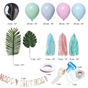Birthday party decoration set with balloons, banner, tassels, leaves, tape, and pump - Party Decoration