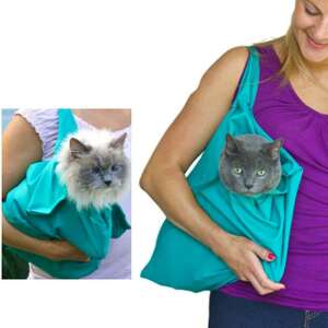 Blue pet carrier bag for cats and small dogs, showing a cat inside the bag - Pet Carrier, Car Travel Box