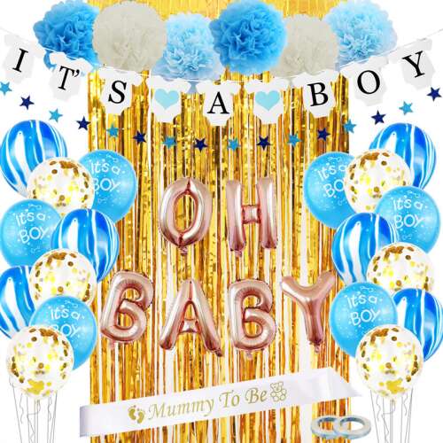Baby shower decorations, 'It's a Boy' theme, blue and gold balloons, banner, and other decorations