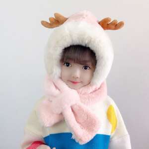 Pink plush deer hat and scarf set for kids, warm and soft winter accessory - Kids' Hat & Set
