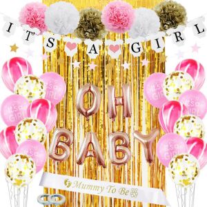 Lánybaba Baby Shower Decoration Balloon Kit - Pink and Gold. Baby shower decorations with balloons, banner, and foil fringe backdrop. - Party Decoration
