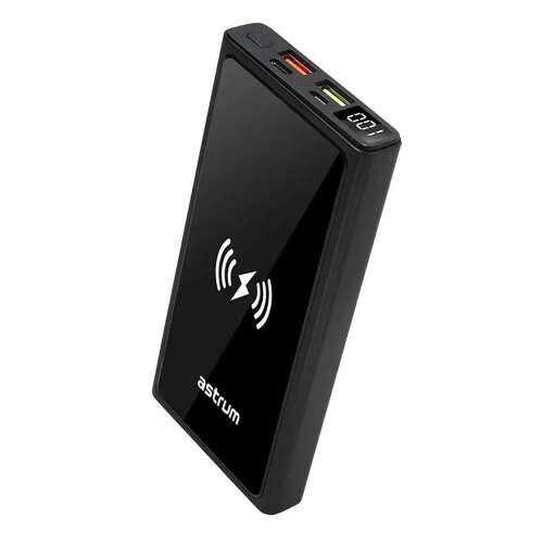 Astrum PB640 20000mAh fekete gyorstöltő power bank vezeték nélküli töltéssel, PD 3.0, QC 4.0, 2x USB-A (2.4A), 1x Type-C (22.5W), Li-Polymer cellákkal