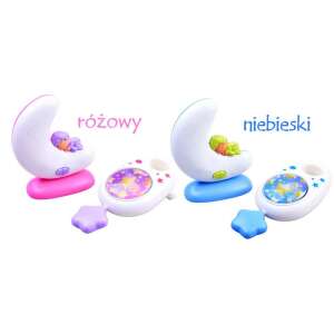 Collage of the 2 in 1 Music Box and Night Light for Baby with Bluetooth, OM+ brand, showing the product in pink, blue and white color variations - Night Light, Projector