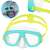 Bestway Aqua Champ Essential diving mask for kids, blue and yellow, with a child using the mask in the background