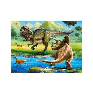 Dokončené puzzle Castorland s dinosaurami zobrazujúce T-Rexa a Triceratopsa v prehistorickej krajine - Castorland Puzzle