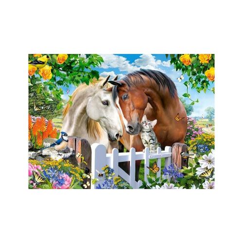 Ułożone puzzle Castorland Best Friends 100 elementów przedstawiające konie i kota w ogrodzie