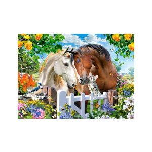 Poskladané puzzle Castorland Best Friends 100 dielikov s koňmi a mačkou v záhradnom prostredí - Puzzle
