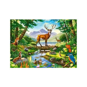 Dokončené 300-dielne puzzle Castorland Woodland Harmony zobrazujúce lesnú scénu s jeleňmi a divokou prírodou - Puzzle