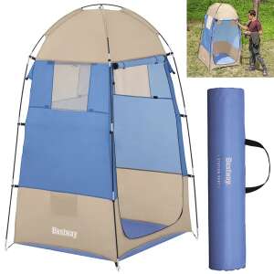 Collage of Bestway dressing tent, packed and in use. - Camping bed