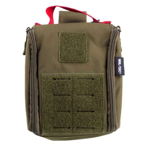 Mil-Tec IFAK Pouch Laser Cut, olajzöld elsősegély táska MOLLE rendszerrel, piros fogantyú, cipzáras záródás