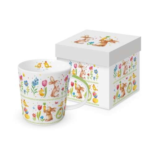 Porcelán bögre, Nyuszik a munkahelyen mintával, 0,35l, dobozban