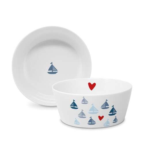 Seaside Sailing porcelántálka és tányér szett, 15cm, vitorlás mintával és piros szívekkel