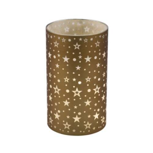 Aranyszínű üveghenger LED éjjeli fény csillagos mintával, 9x9x15cm