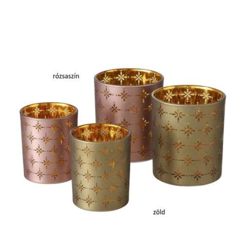 2 db-os üveg mécsestartó szett, rózsaszín és zöld színben, arany mintával