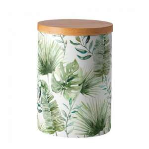 Dzsungel levelek fehér porcelán konyhai tároló bambusz fedővel - Ételtárolás