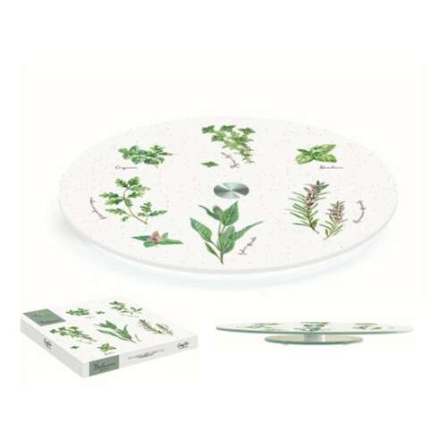 Herbarium forgó üvegtál, 32cm, gyógynövények mintával