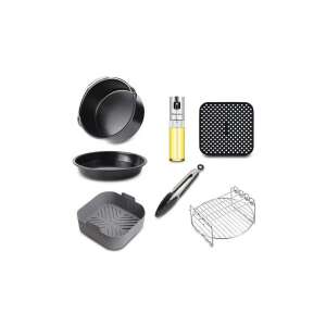 7 részes kiegészítő készlet 5-8 literes forrólevegős olajsütőkhöz, tartalmaz pizza tepsit, tortaformát, szilikon formát, szilikon alátétet, grillrácsot, olajszórót és konyhai fogót - Forrólevegős sütő kiegészítő
